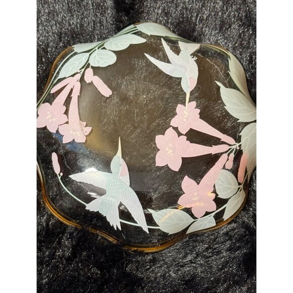 Vintage 1991 Lefton Glass Bowl With Hummingbirds & Flowers Ruffle Gold Edge - Picture 4 of 7